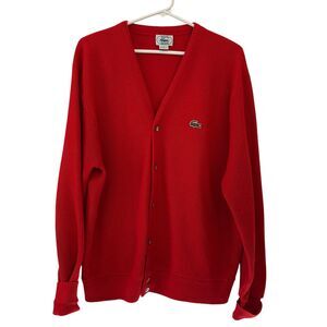 Izod Lacoste Vintage Red Acrylic Grandpa Sweater 80's Size L Made in USA